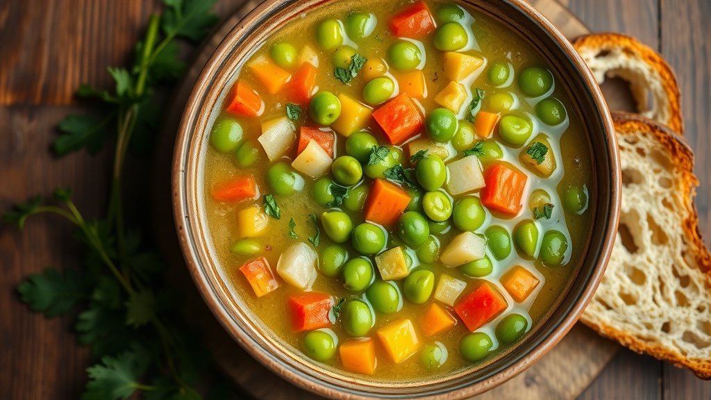 Hearty Split Pea Soup Recipe A bowl of split pea soup with diced vegetables and herbs, alongside a slice of rustic bread on a wooden table.